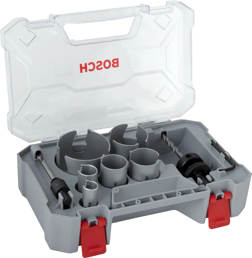 Sada závitových děrových pil Bosch PRO Construction Material v kufříku.